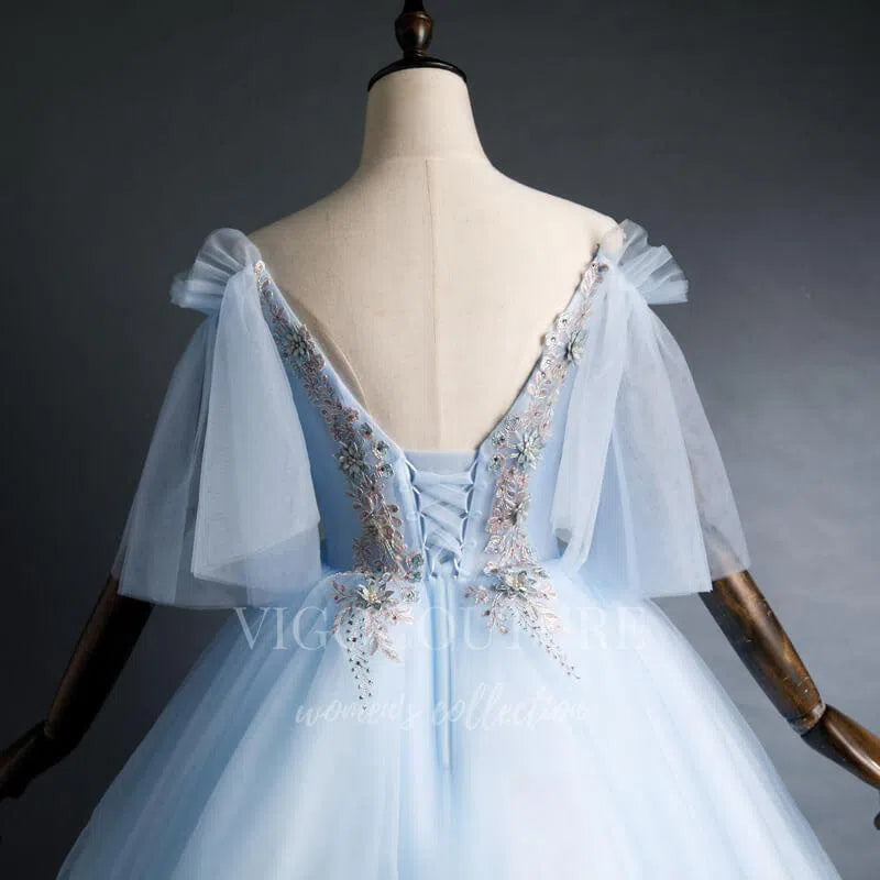 vigocouture-Light Blue Quinceañera Dresses Lace Applique Ball Gown 20470-Prom Dresses-vigocouture-