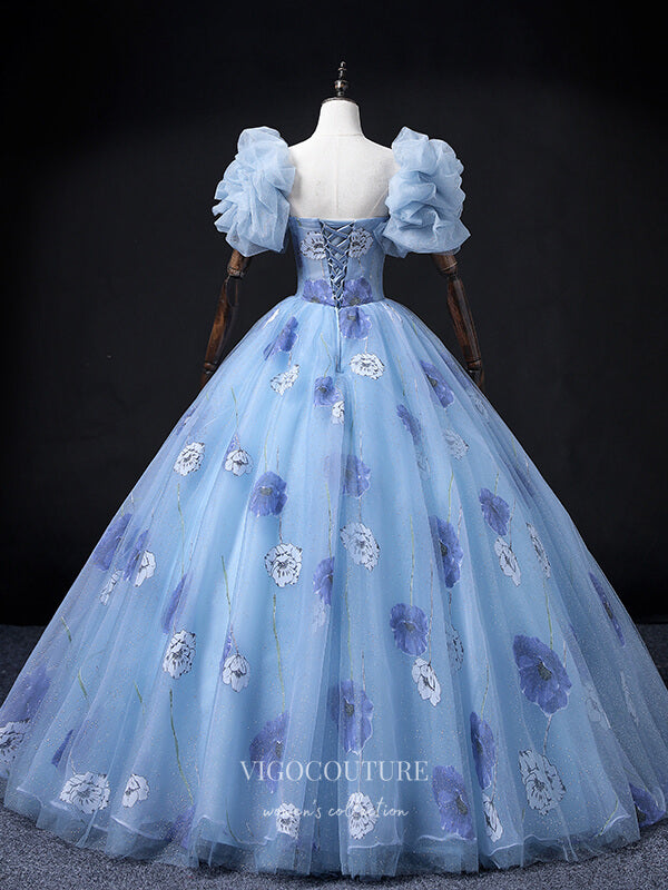 Light Blue Removable Sleeve Quinceanera Dresses Floral Sweet 15