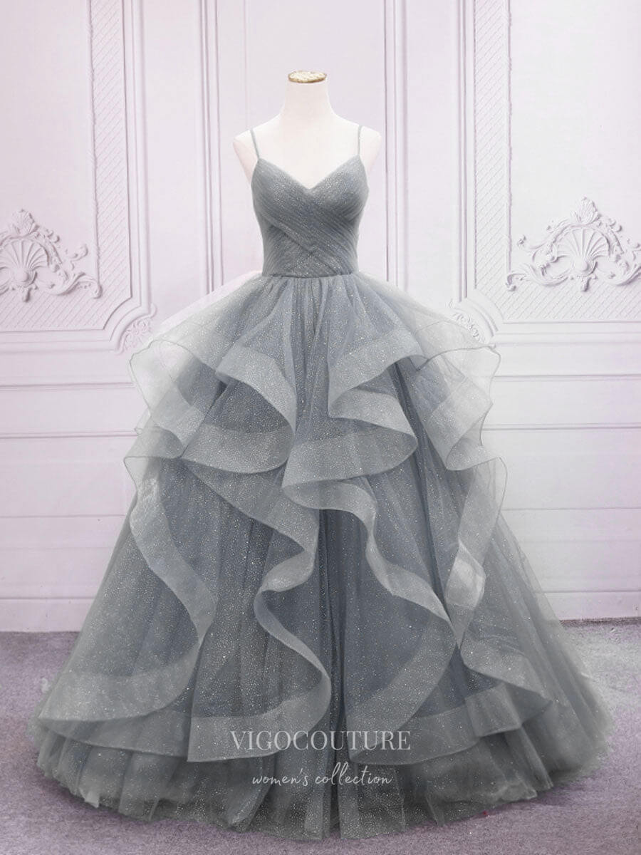 Prom Dress 2025 Light Blue Ruffle Tiered Prom Dresses Spaghetti Strap Sparkly Tulle Evening Dress 21789-unique elegant Prom Dresses-Grey-US2-vigocouture