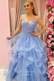 Prom Dress 2025 Light Blue Ruffled Tulle Prom Dresses Lace Applique Formal Gown 21916-unique elegant Prom Dresses-Light Blue-US2-vigocouture