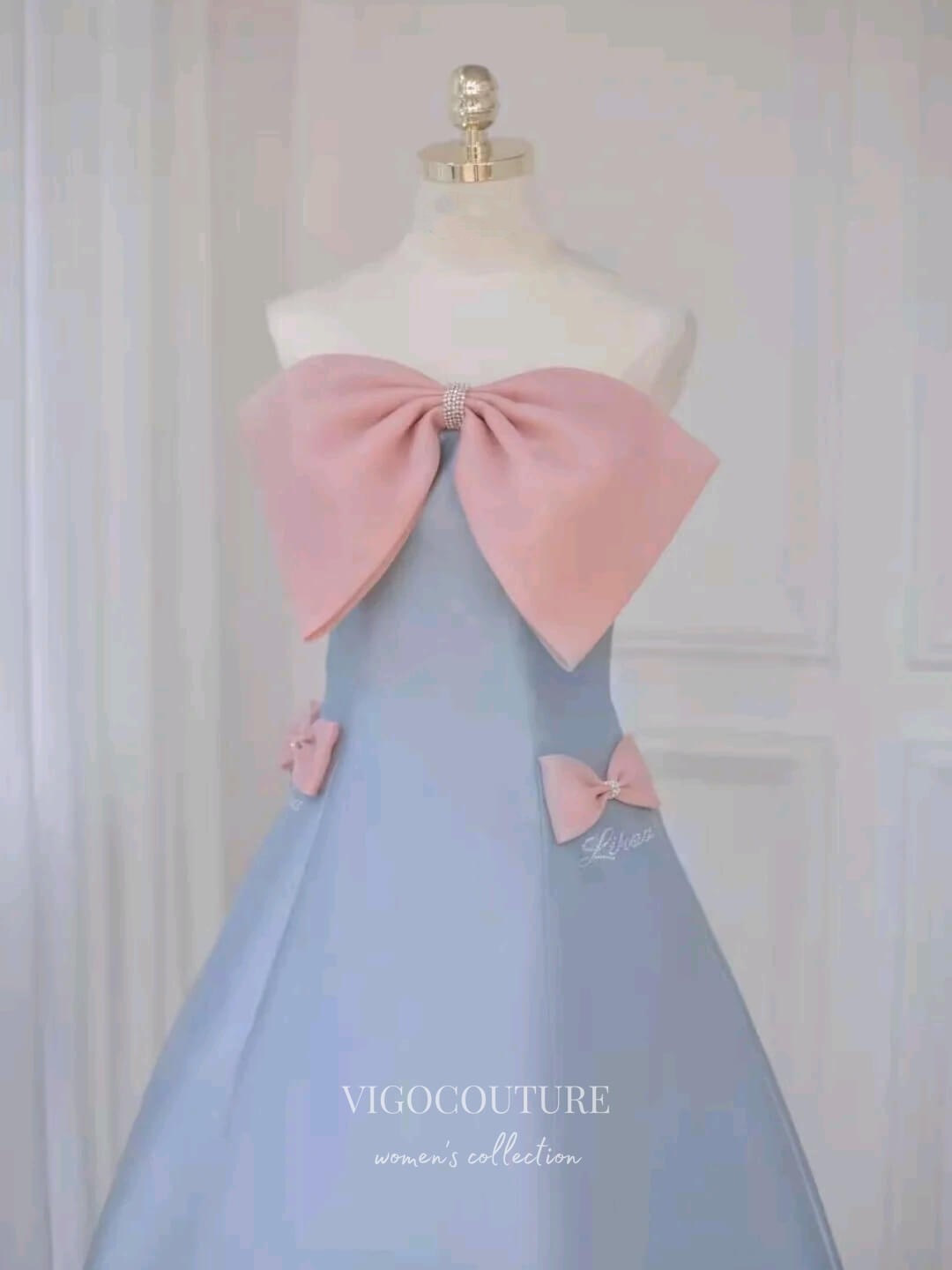 Prom Dress 2025 Light Blue Satin Bow-Tie Prom Dresses Strapless Formal Dresses 21152-unique elegant Prom Dresses-Light Blue-Custom Size-vigocouture