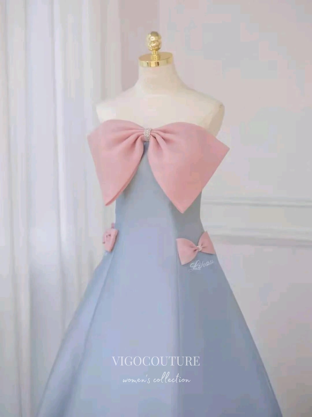 Prom Dress 2025 Light Blue Satin Bow-Tie Prom Dresses Strapless Formal Dresses 21152-unique elegant Prom Dresses-Light Blue-Custom Size-vigocouture