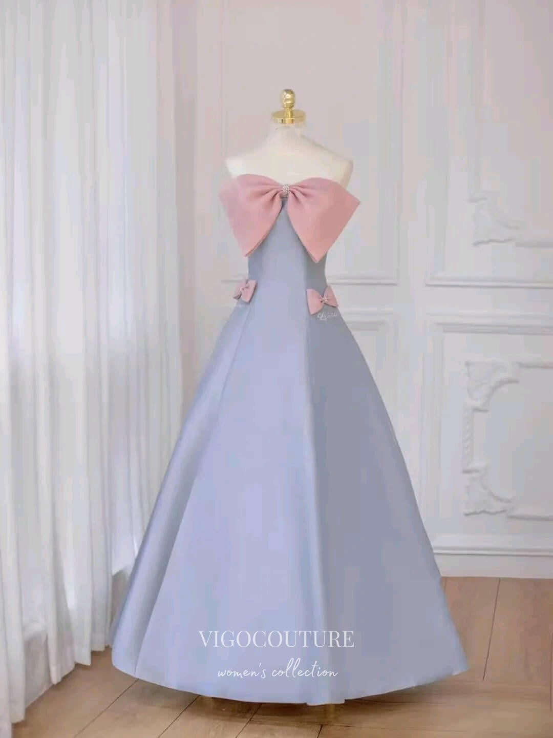 Prom Dress 2025 Light Blue Satin Bow-Tie Prom Dresses Strapless Formal Dresses 21152-unique elegant Prom Dresses-Light Blue-Custom Size-vigocouture