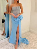 Light Blue Satin Bow Tie Prom Dresses with Slit Strapless Beaded Bodice Formal Dress – 25167