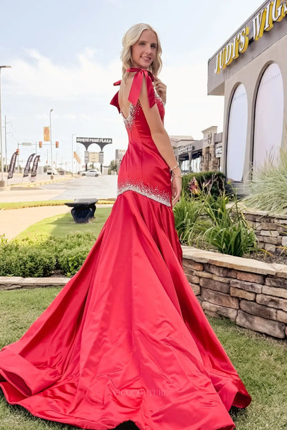 Prom Dresses 2025 to impress Light Blue Satin Mermaid Prom Dress with Bow Shoulder Straps & Crystal Beaded Neckline – 26062-vigocouture-vigocouture