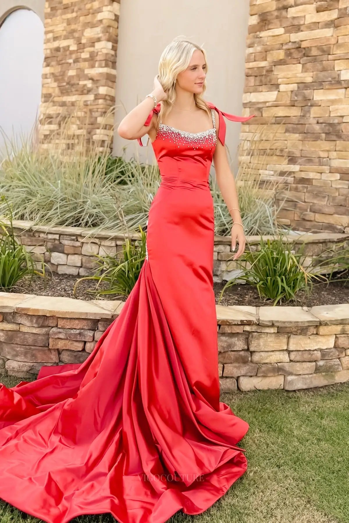 Prom Dresses 2025 to impress Light Blue Satin Mermaid Prom Dress with Bow Shoulder Straps & Crystal Beaded Neckline – 26062-vigocouture-Watermelon Red-Custom Size (Add Note in Cart)-vigocouture