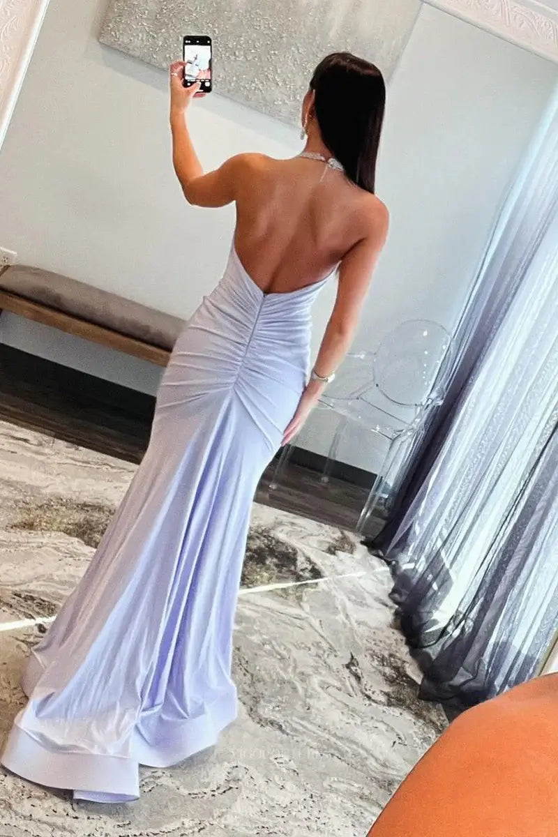 Light Blue Satin Mermaid Prom Dresses 2025 with Halter Neck & Open Back 25110 Custom Colors / US14 Light Blue Satin Mermaid Prom Dresses 2025 with Halter Neck & Open Back 25110 Custom Colors / US14