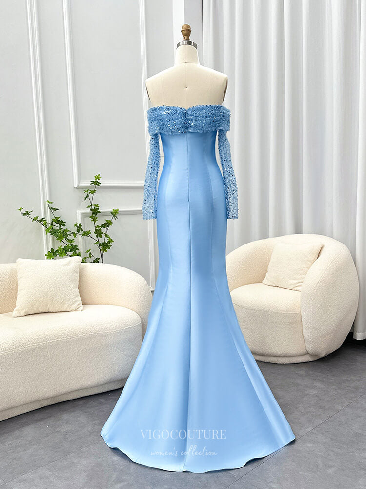 Prom Dress 2025 Light Blue Satin Mermaid Prom Dresses Off the Shoulder Beaded Sheer Long Sleeve 24430-unique elegant Prom Dresses-Light Blue-US2-vigocouture