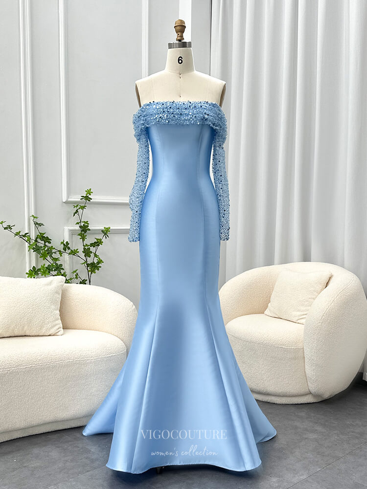 Prom Dress 2025 Light Blue Satin Mermaid Prom Dresses Off the Shoulder Beaded Sheer Long Sleeve 24430-unique elegant Prom Dresses-Light Blue-US2-vigocouture