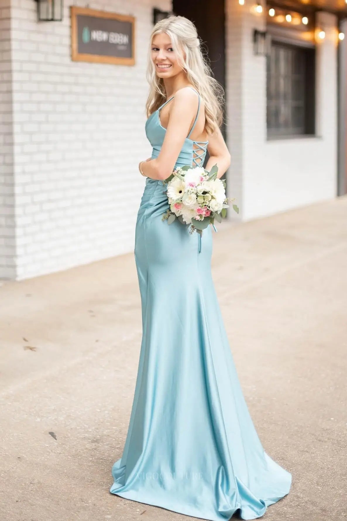 Prom Dresses 2025 to impress Light Blue Satin Prom Dress with Spaghetti Straps, Ruched Waist & High Slit – 26078-vigocouture-vigocouture