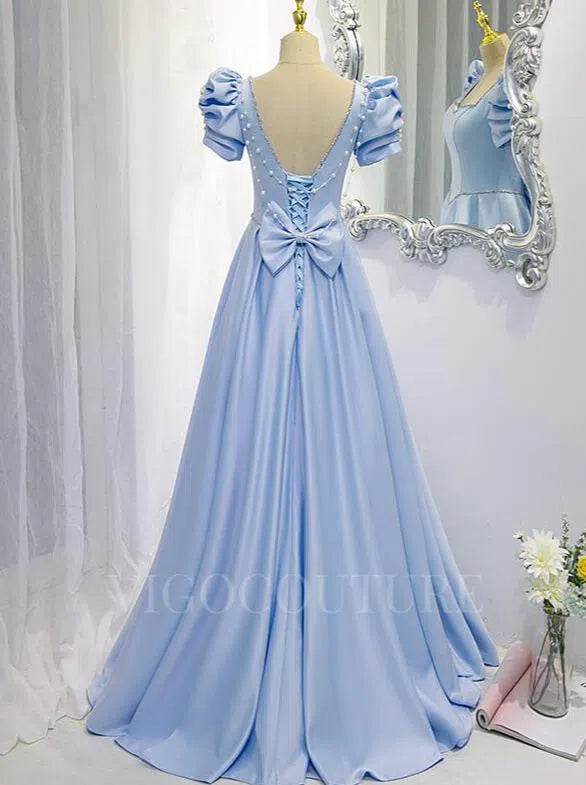 Prom Dress 2025 Light Blue Satin Prom Dresses Puffed Sleeve Formal Dresses 20370-unique elegant Prom Dresses-Light Blue-US2-vigocouture