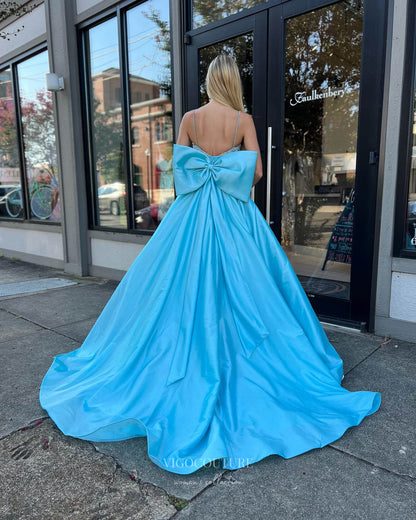 Light Blue Satin Prom Dresses with Bow-Tie Spaghetti Strap Evening Gown 24018 Custom Colors / US16 Light Blue Satin Prom Dresses with Bow-Tie Spaghetti Strap Evening Gown 24018 Custom Colors / US16
