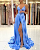 Light Blue Satin Prom Dresses with Slit Spaghetti Strap Evening Dress 21990