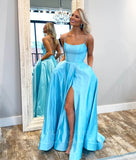 Light Blue Satin Spaghetti Strap Prom Dress 20999