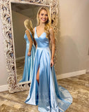 Light Blue Satin V-Neck Prom Dress 20966