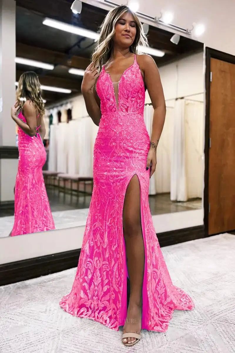 Prom Dresses 2025 to impress Light Blue Sequin Lace Mermaid Prom Dress with Illusion Plunge, High Slit & Lace-Up Back – 26104-vigocouture-Hot Pink-US 0-vigocouture