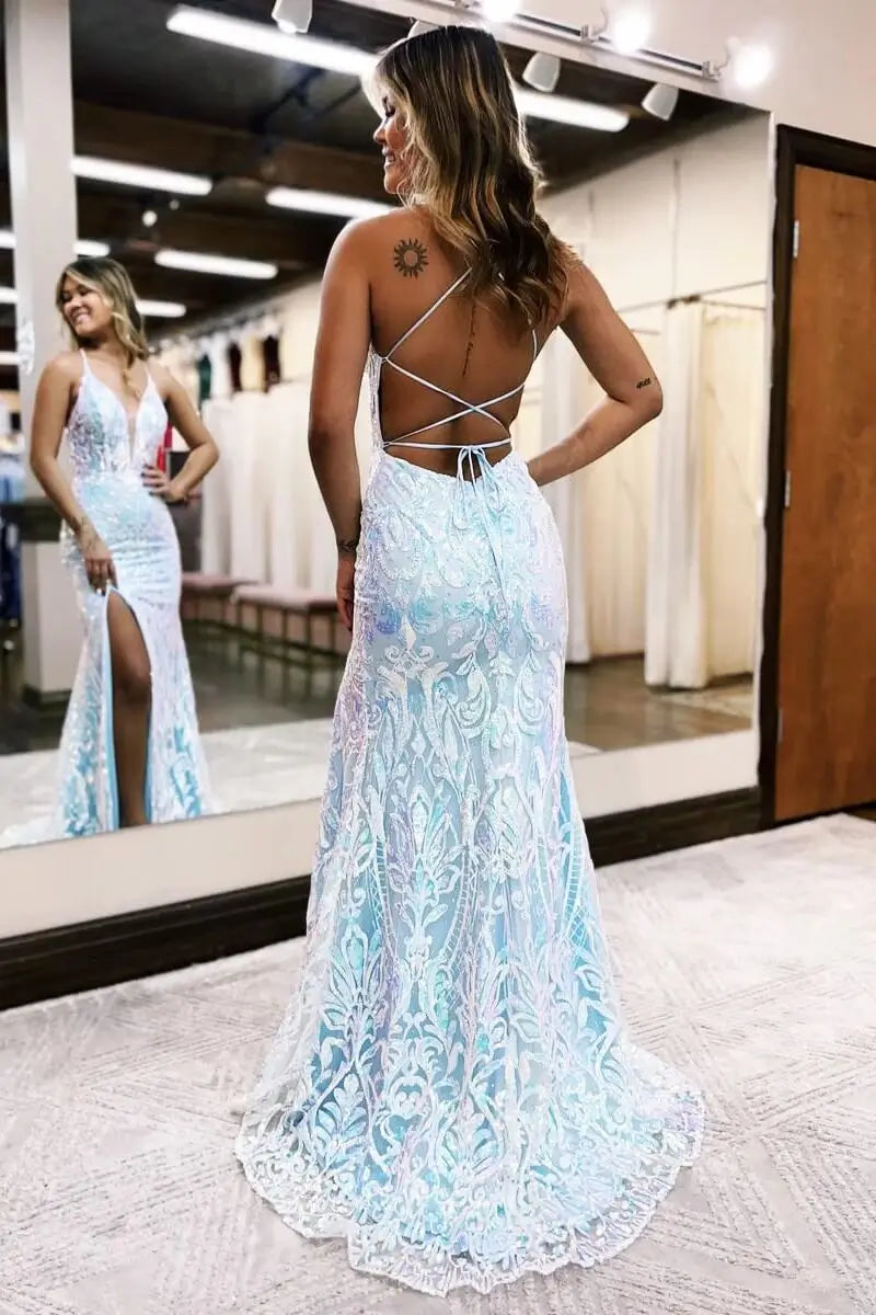 Prom Dresses 2025 to impress Light Blue Sequin Lace Mermaid Prom Dress with Illusion Plunge, High Slit & Lace-Up Back – 26104-vigocouture-vigocouture