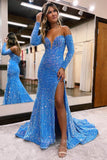 Light Blue Sequin Mermaid Long Sleeve Prom Dress with Sweetheart Neckline and Slit 22180