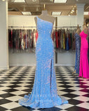 Prom Dress 2025 Light Blue Sequin Prom Dresses with Slit Mermaid One Shoulder Evening Gown 22029-unique elegant Prom Dresses-Light Blue-Custom Size-vigocouture