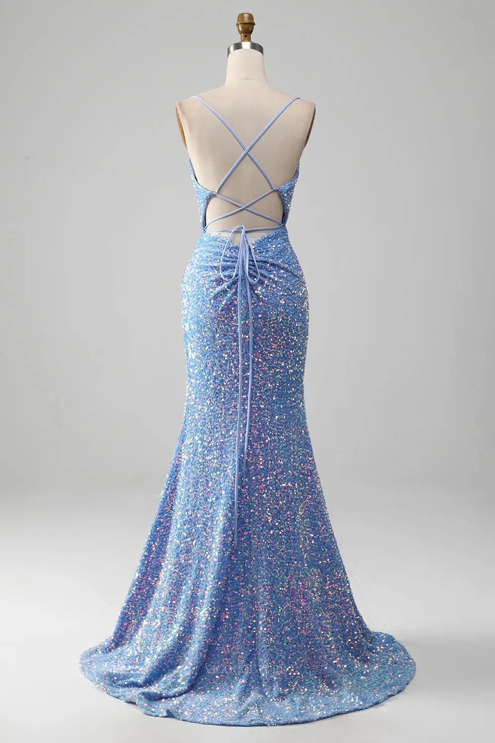 Light Blue Sequin Prom Dresses with Slit Mermaid Spaghetti Strap Forma – vigocouture