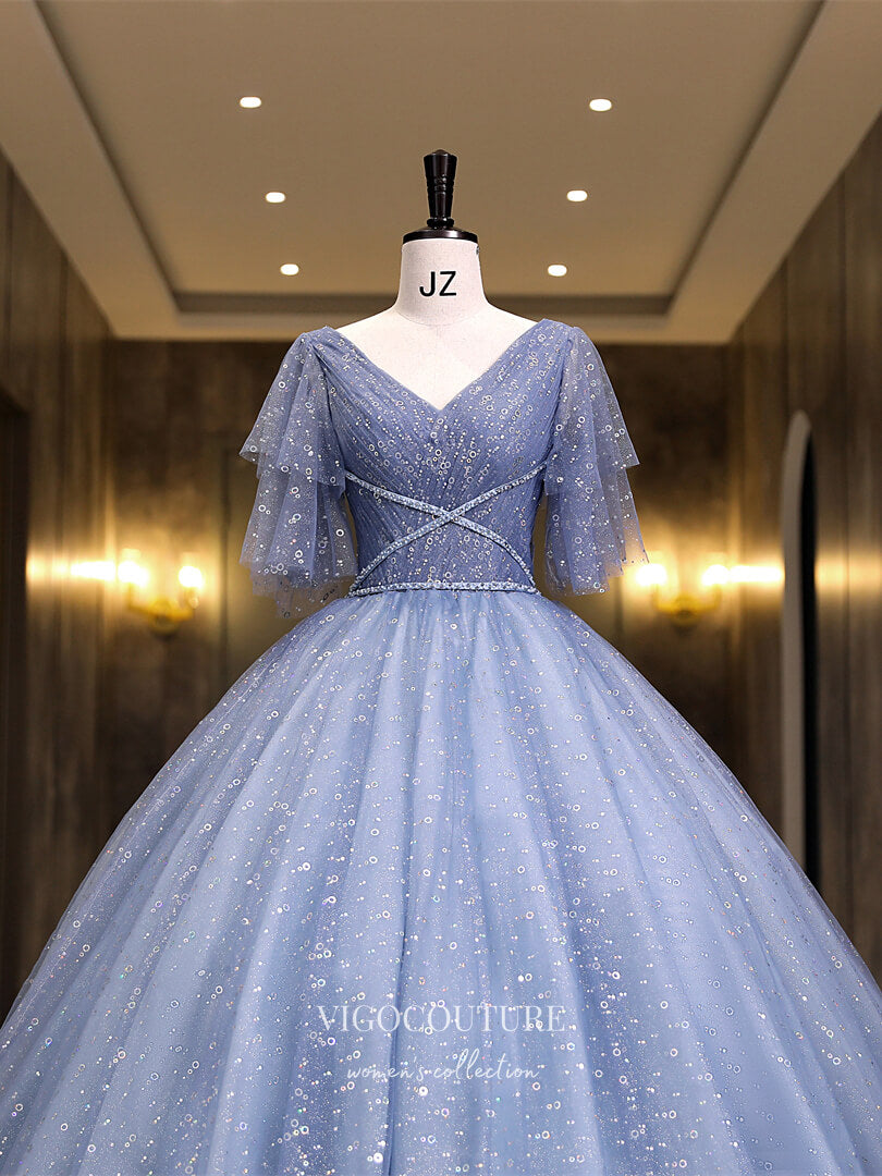 Light Blue Sequin Quinceanera Dresses Sparkly Tulle Sweet 16