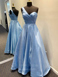 Light Blue Shiny Satin One Shoulder Prom Dress 20935