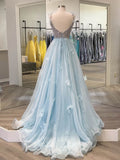 Prom Dress 2025 Light Blue Spaghetti Strap Prom Dresses Beaded 3D Flower Evening Dress 21702-unique elegant Prom Dresses-Light Blue-US2-vigocouture