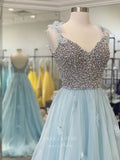 Prom Dress 2025 Light Blue Spaghetti Strap Prom Dresses Beaded 3D Flower Evening Dress 21702-unique elegant Prom Dresses-Light Blue-US2-vigocouture