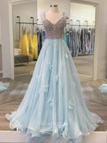 Light Blue Spaghetti Strap Prom Dresses Beaded 3D Flower Evening Dress 21702