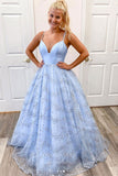 Light Blue Spaghetti Strap Prom Dresses Sparkly Tulle Evening Dress 21682