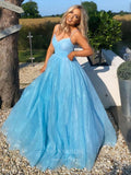 Light Blue Spaghetti Strap Prom Dresses Sparkly Tulle Evening Dress 21751