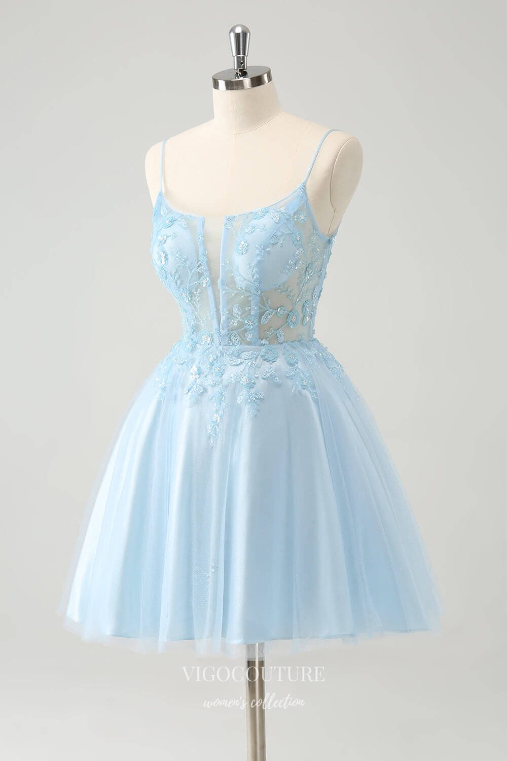 Short Prom Dresses 2025 Light Blue Spaghetti Strap Sheer Homecoming Dresses Sequin Lace Graduation Dress hc380-Prom Dresses-vigocouture-vigocouture