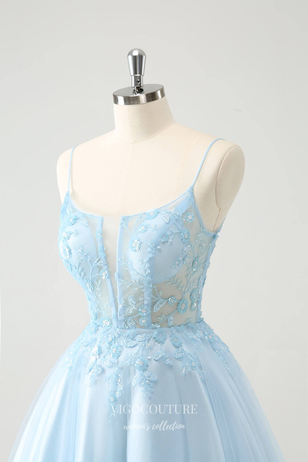 Short Prom Dresses 2025 Light Blue Spaghetti Strap Sheer Homecoming Dresses Sequin Lace Graduation Dress hc380-Prom Dresses-vigocouture-vigocouture