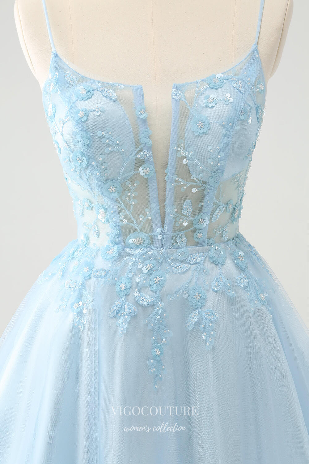 Short Prom Dresses 2025 Light Blue Spaghetti Strap Sheer Homecoming Dresses Sequin Lace Graduation Dress hc380-Prom Dresses-vigocouture-vigocouture