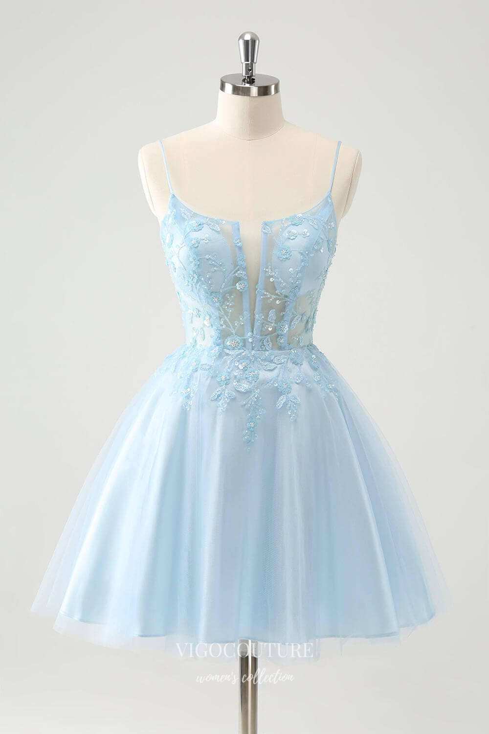 Short Prom Dresses 2025 Light Blue Spaghetti Strap Sheer Homecoming Dresses Sequin Lace Graduation Dress hc380-Prom Dresses-vigocouture-Light Blue-Custom Size-vigocouture