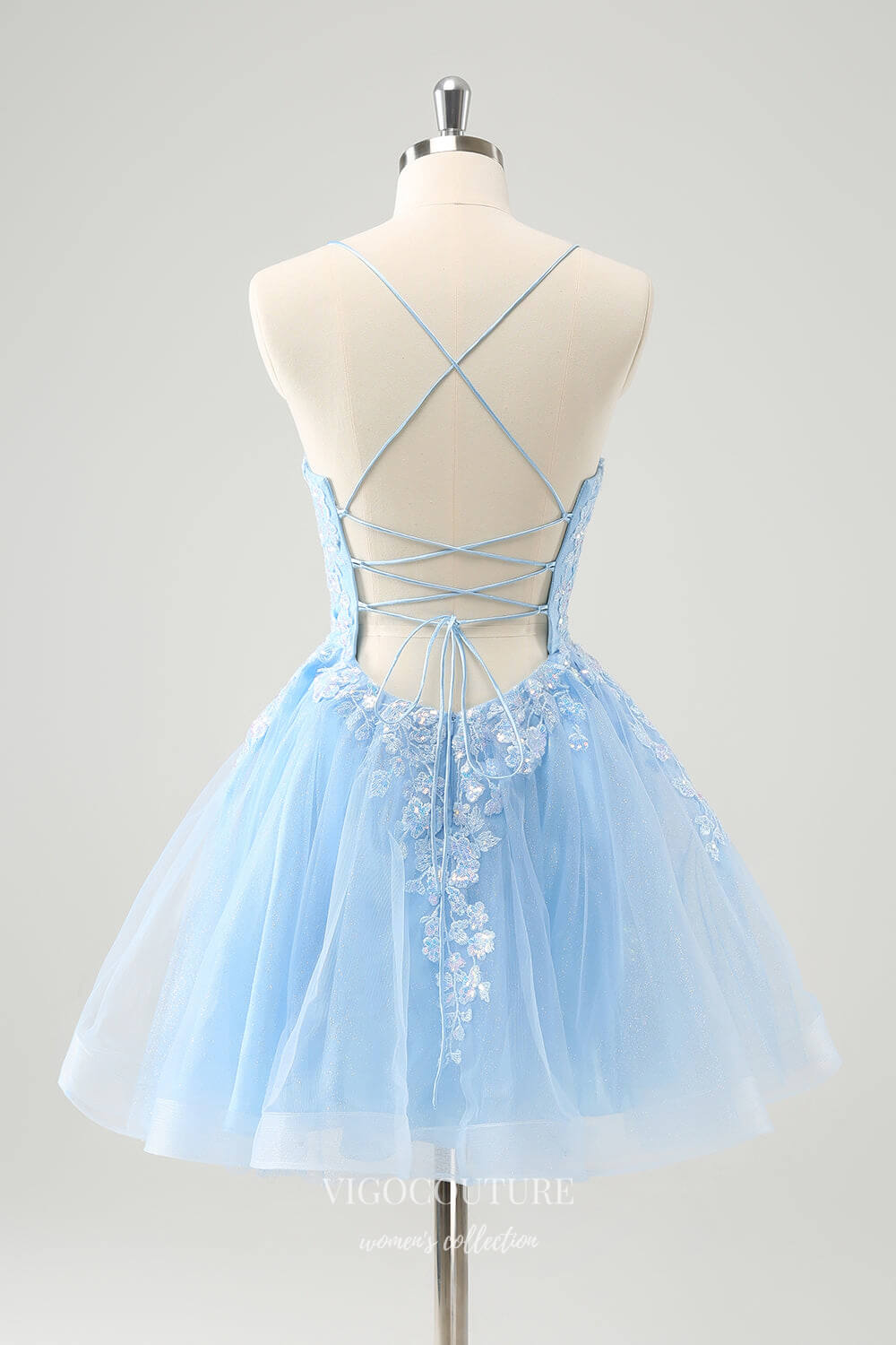 Light Blue Sparkly Lace Applique Homecoming Dresses Spaghetti Strap Back to School Dress Hc386 Light Blue / US16 Light Blue Sparkly Lace Applique Homecoming Dresses Spaghetti Strap Back to School Dress Hc386 Light Blue / US16