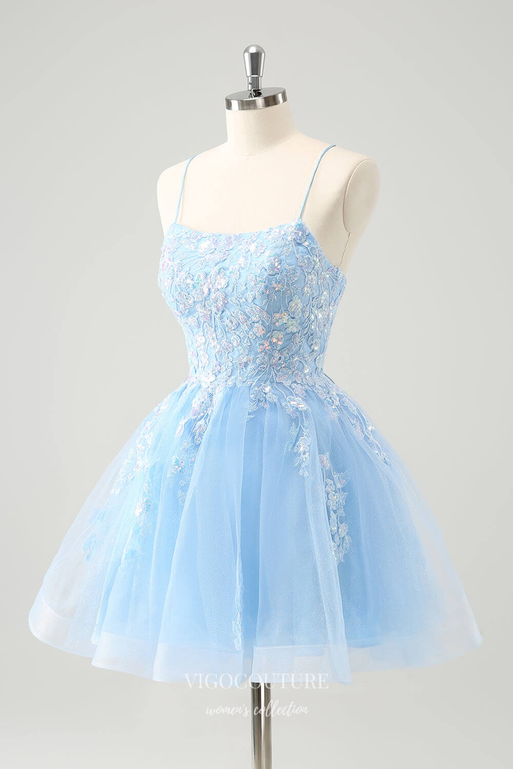 Light Blue Sparkly Lace Applique Homecoming Dresses Spaghetti Strap Ba vigocouture Light Blue Sparkly Lace Applique Homecoming Dresses Spaghetti Strap Ba vigocouture