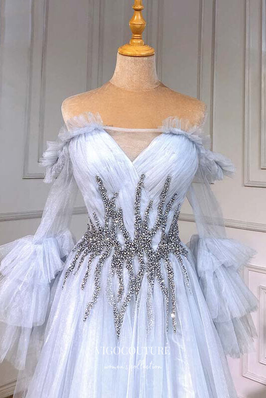 Prom Dress 2025 Light Blue Sparkly Tulle Formal Dresses Long Puffed Sleeve Prom Dress 21621-unique elegant Prom Dresses-Light Blue-US2-vigocouture