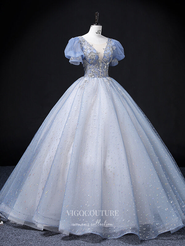 Light Blue Sparkly Tulle Prom Dresses Puffed Sleeve Princess