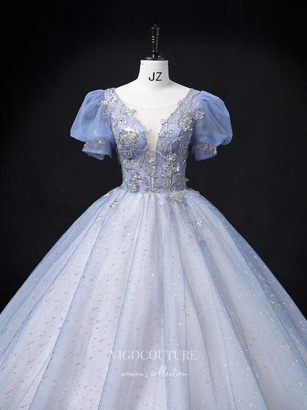 Prom Dress 2025 Light Blue Sparkly Tulle Prom Dresses Puffed Sleeve Princess Dresses 21355-unique elegant Prom Dresses-Light Blue-US2-vigocouture