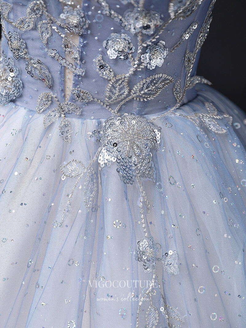 Light Blue Sparkly Tulle Prom Dresses Puffed Sleeve Princess Dresses 21355 Light Blue / US6 Light Blue Sparkly Tulle Prom Dresses Puffed Sleeve Princess Dresses 21355 Light Blue / US6
