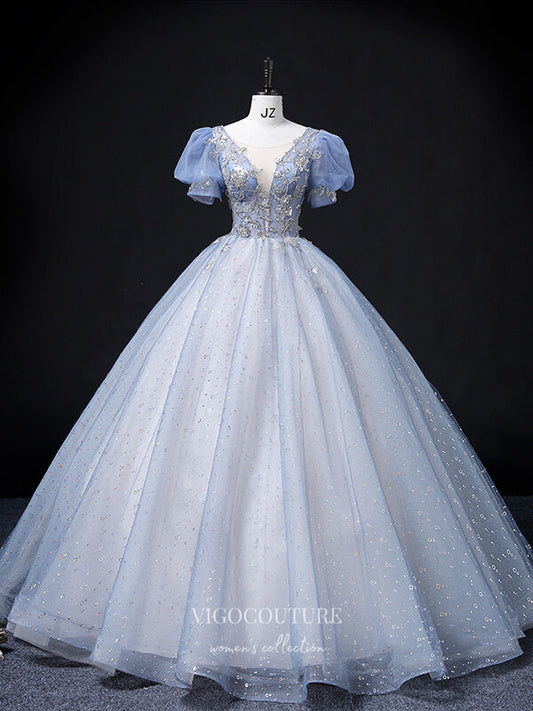 Prom Dress 2025 Light Blue Sparkly Tulle Prom Dresses Puffed Sleeve Princess Dresses 21355-unique elegant Prom Dresses-Light Blue-US2-vigocouture