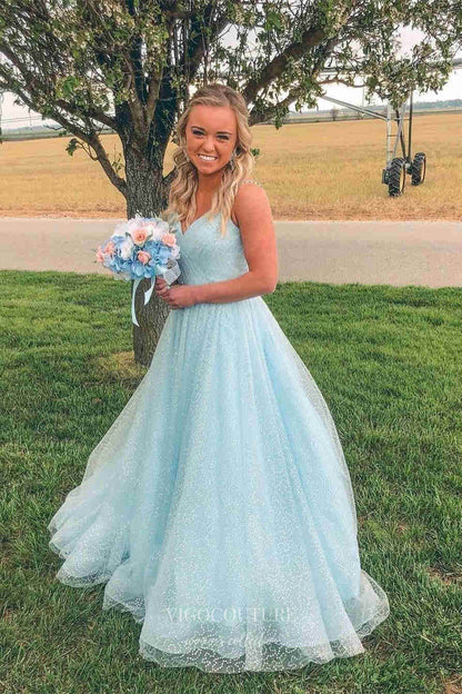 Prom Dress 2025 Light Blue Sparkly Tulle Prom Dresses Spaghetti Strap V-Neck Formal Gown 21891-unique elegant Prom Dresses-Light Blue-US2-vigocouture