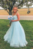 Light Blue Sparkly Tulle Prom Dresses Spaghetti Strap V-Neck Formal Gown 21891