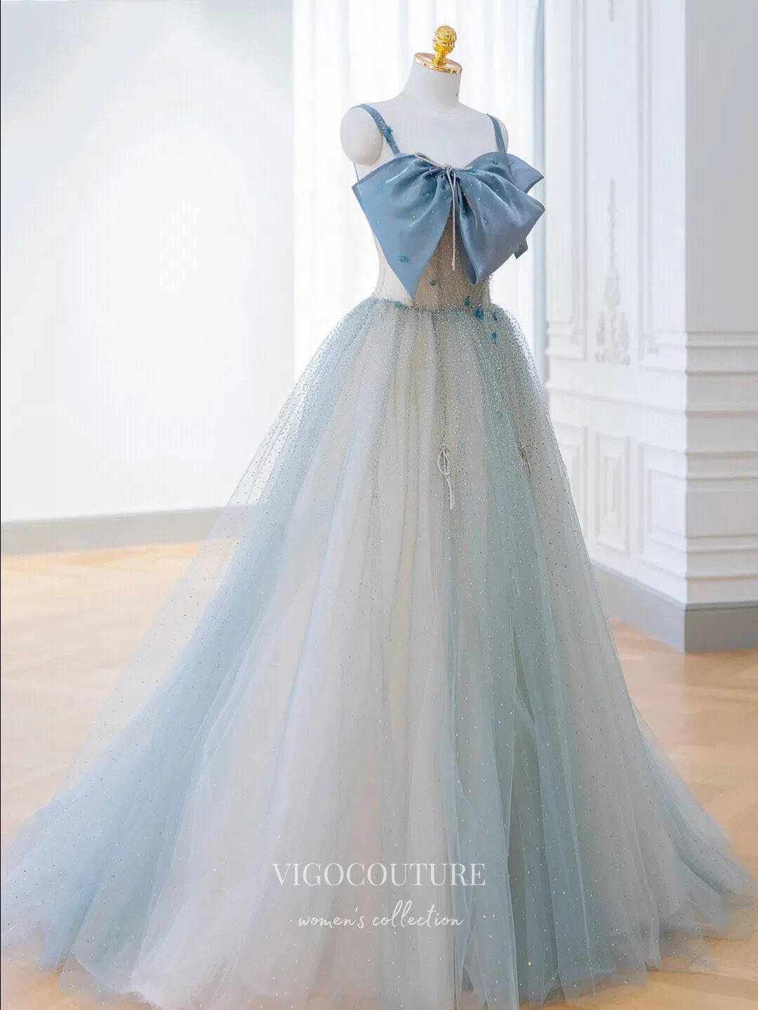 Prom Dress 2025 Light Blue Bow-Tie Prom Dresses Beaded Spaghetti Strap Formal Dresses 21175-unique elegant Prom Dresses-Light Blue-Custom Size-vigocouture