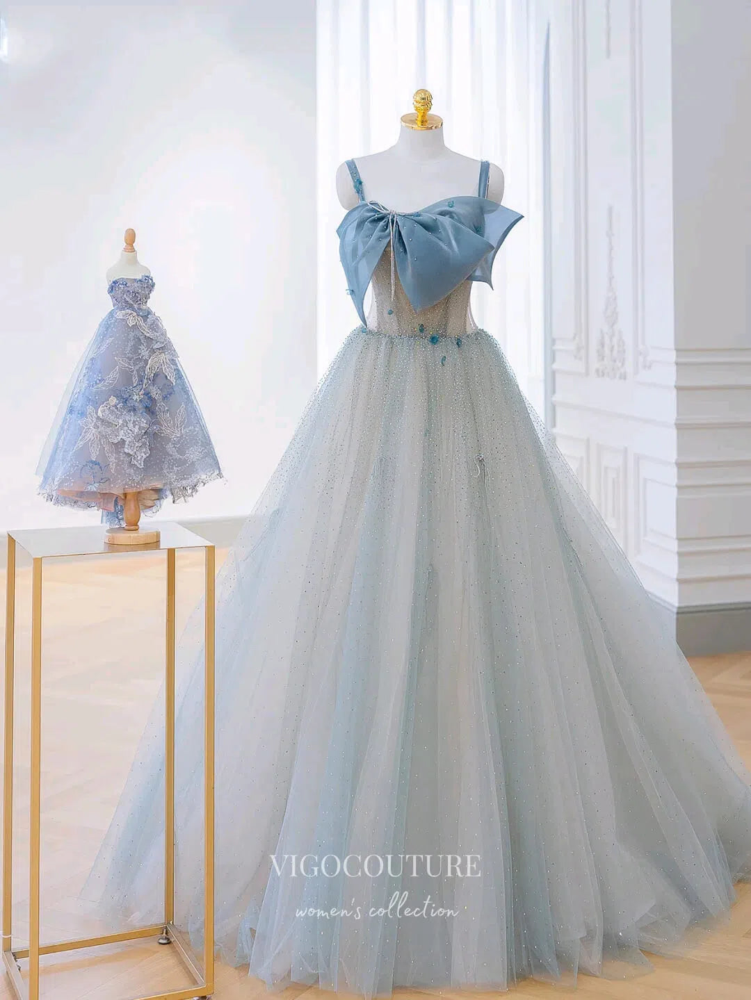 Prom Dress 2025 Light Blue Bow-Tie Prom Dresses Beaded Spaghetti Strap Formal Dresses 21175-unique elegant Prom Dresses-Light Blue-Custom Size-vigocouture