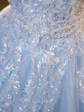 Prom Dresses 2025 to impress Light Blue Sparkly Tulle Prom Dresses with Puffed Sleeve, Lace Bodice, Boat Neck, Quinceanera Dresses BG071-vigocouture-vigocouture