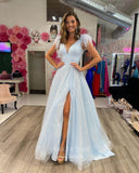 Prom Dress 2025 Light Blue Sparkly Tulle Prom Dresses with Slit V-Neck Feather Formal Gown 21984-unique elegant Prom Dresses-Light Blue-US2-vigocouture