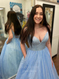 Light Blue Sparkly Tulle Spaghetti Strap Prom Dress 20963