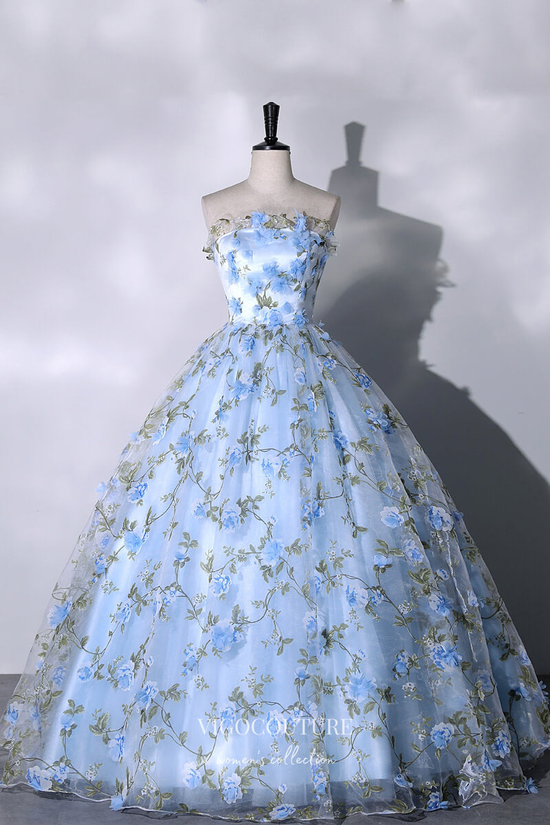 Prom Dress 2025 Light Blue Strapless Floral Tulle Quinceanera Dress 22322-unique elegant Prom Dresses-Light Blue-Custom Size-vigocouture